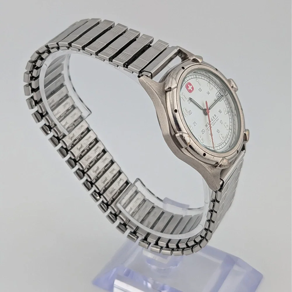 Wenger S.A.K. Design Vintage Swiss Quartz Date Watch White Dial Luminous 36mm